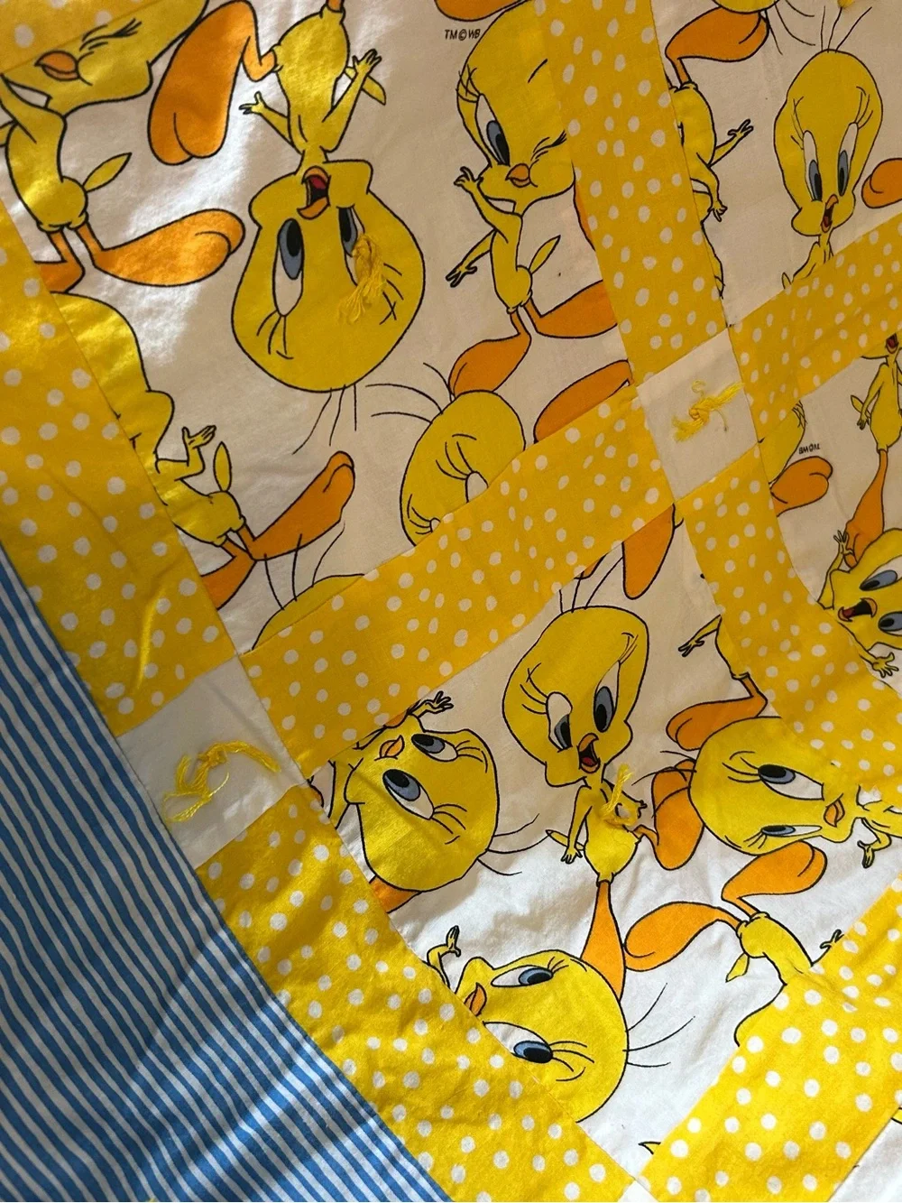 Yellow Tweety Patchwork Baby Quilt with Blue Stripe Border
